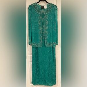 Jean Joseph Le Bon Sequin Beaded Dress Jacket Set Party Mother of Bride Holiday